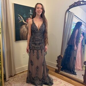 Jovani Black and Cream Embroidered Prom Dress